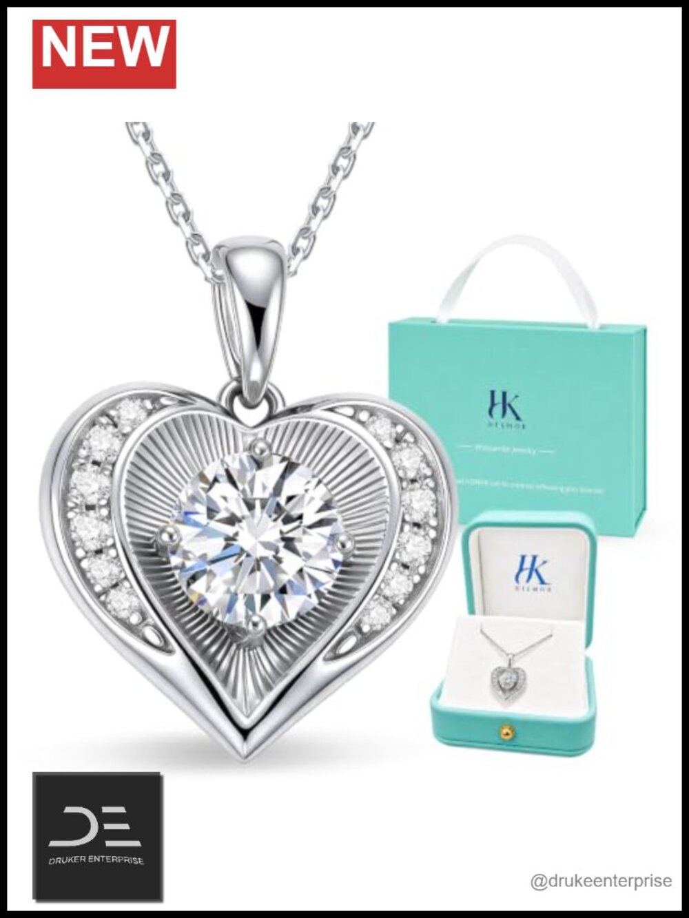 Moissanite Heart Necklace for Women Double-Sided Sterling Silver Pendant 18-20